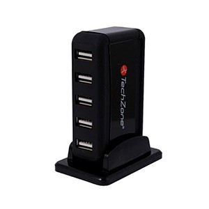 Hub TechZone, 7 puertos USB 2.0, color negro con fuente de poder para el incremento de tasa de transferencia, 1 año de garantía.
