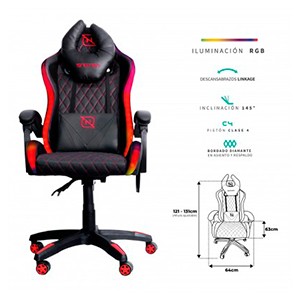 SILLA GAMER RGB INCLINACION RESPALDO 145 CLASE 4 140-150KG NSG-RGB1 FOAM 350MM 63CM*64CM*121-131CM COJIN LUMBAR Y CABEZA NEGRO/ROJO